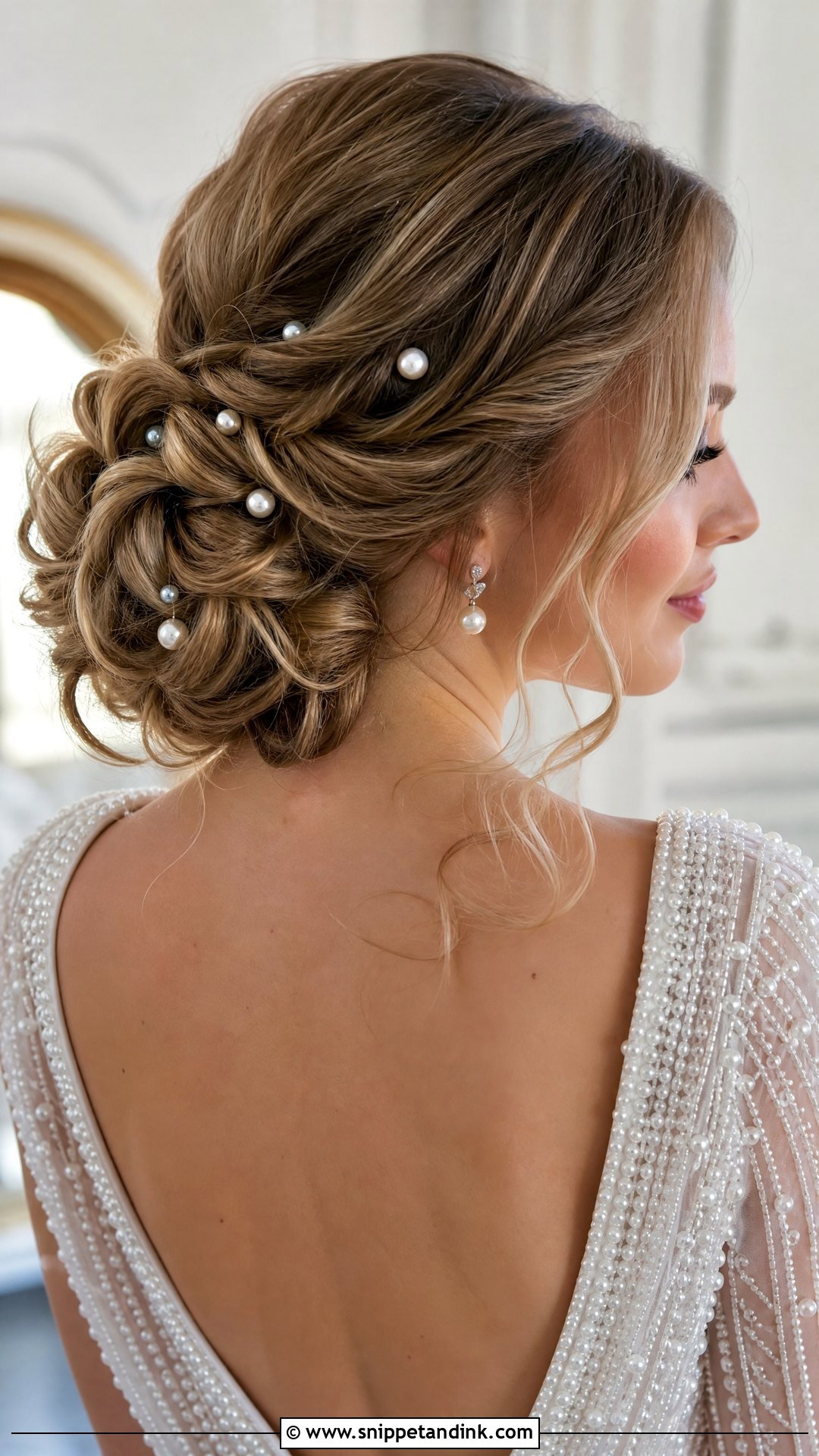 Side Bun With Pearls - Snippet and Ink - 25 Side Bun Wedding Hair Ideas