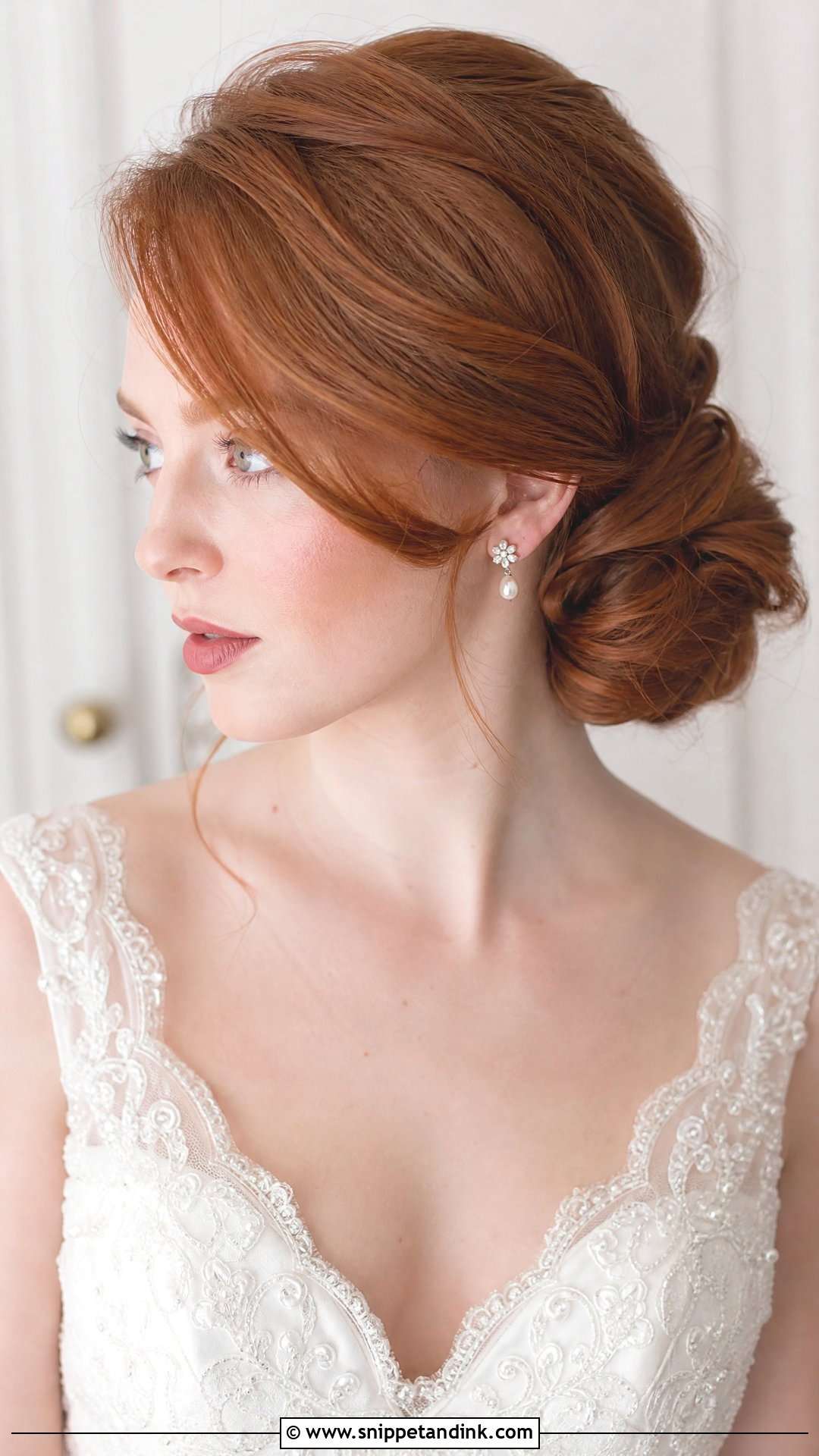Side Bun With Side Swept Bangs - Snippet and Ink - 25 Side Bun Wedding Hair Ideas