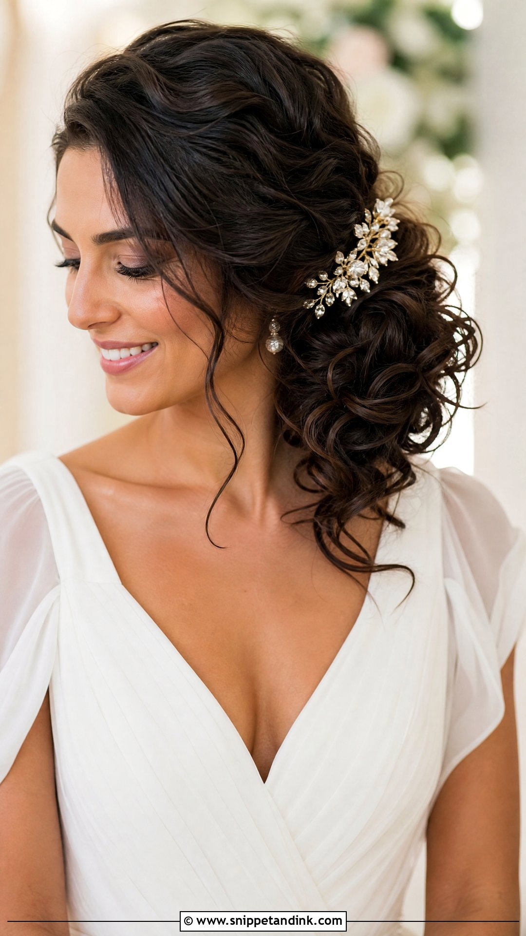 Side Curly Bridal Bun - Snippet and Ink - 15 Curly Bridal Bun Ideas