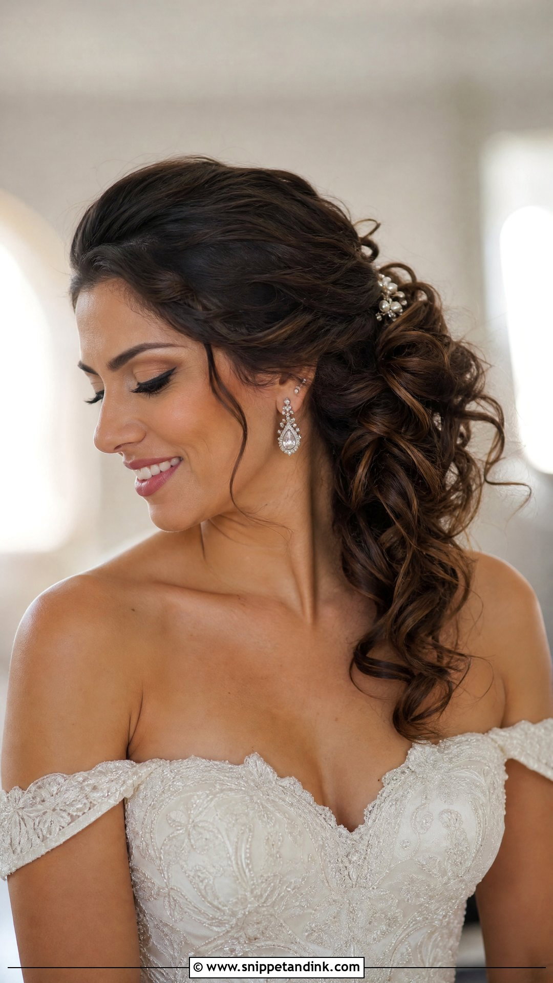 Side Curly Bun Wedding Hairstyle - Snippet and Ink - 20 Curly Bun Wedding Hairstyles