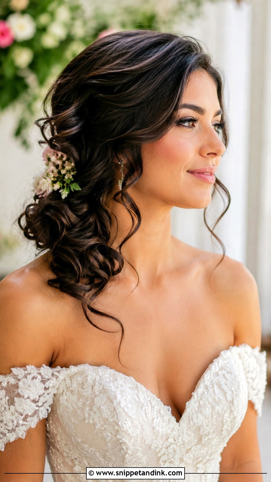 Side Curly Low Bun Wedding Hair - Snippet and Ink - 15 Low Bun Curly Hair Wedding Ideas