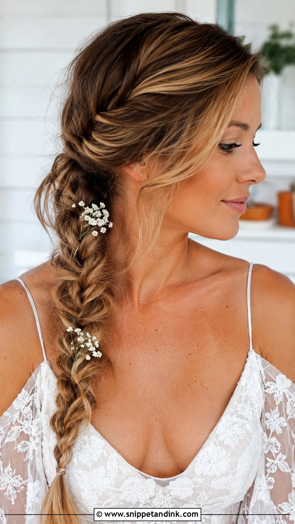 Side Fishtail Braid Over One Shoulder - Snippet and Ink - 20 Wedding Hair One Side Pulled Back Ideas