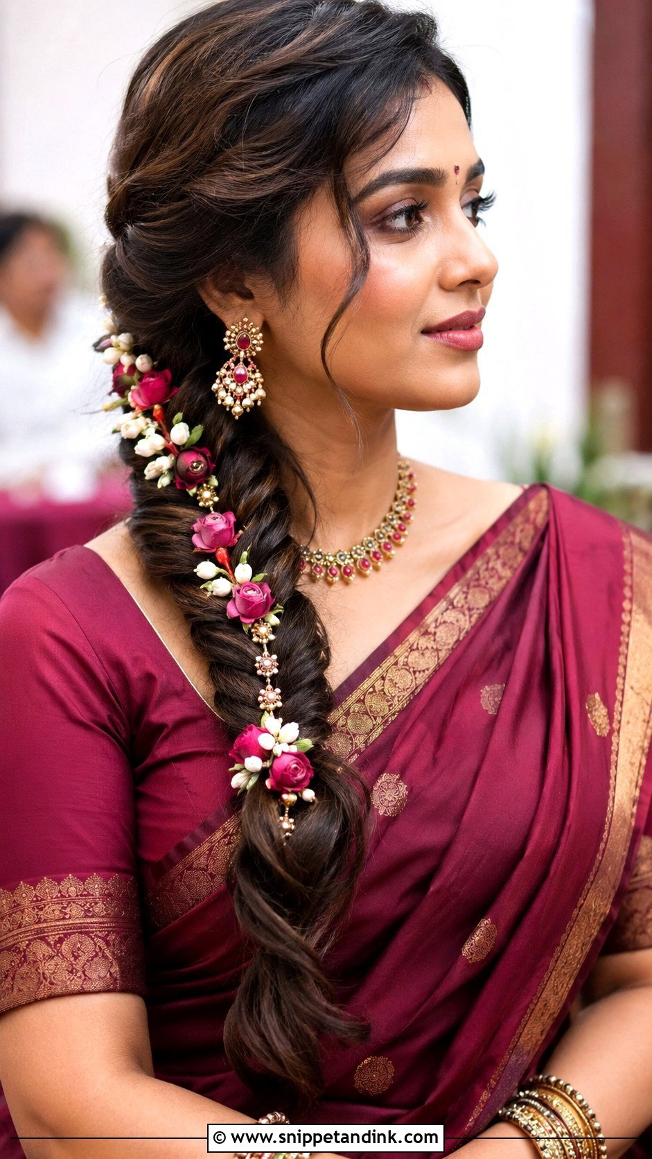 Side Fishtail Braid With Flowers - Snippet and Ink - 30 South Indian Bridal Hairstyles