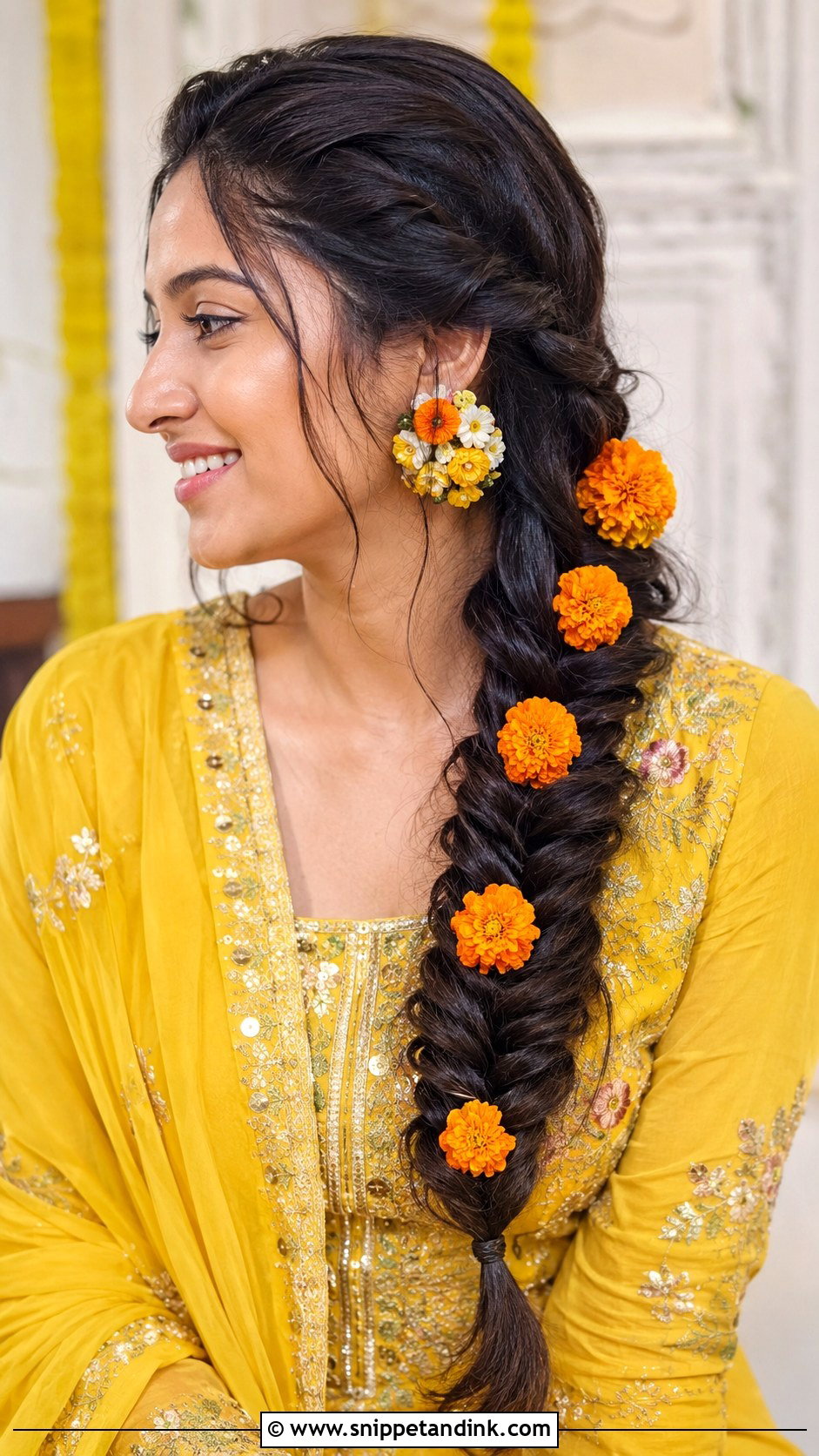 Side Fishtail Braid With Marigold Flowers - Snippet and Ink - 25 Haldi Bride Hairstyle Ideas
