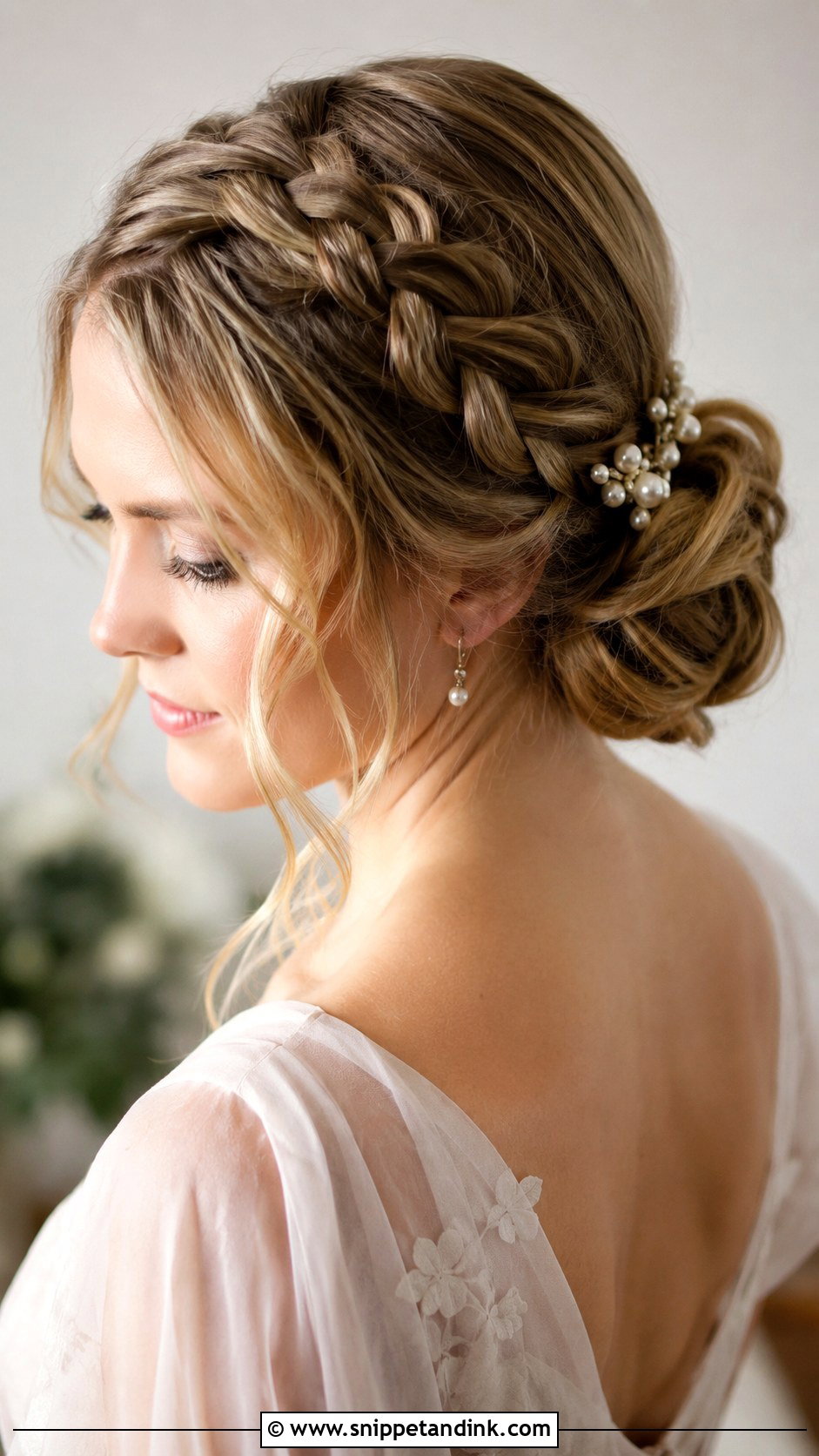 Side French Braid Bun - Snippet and Ink - 25 Side Updo Wedding Hair Ideas