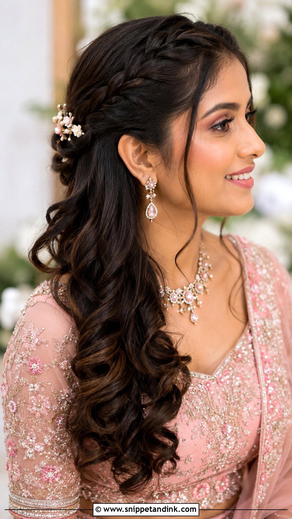 Side French Braid With Open Curls - Snippet and Ink - 20 Front Indian Weddings Bridal Hairstyles