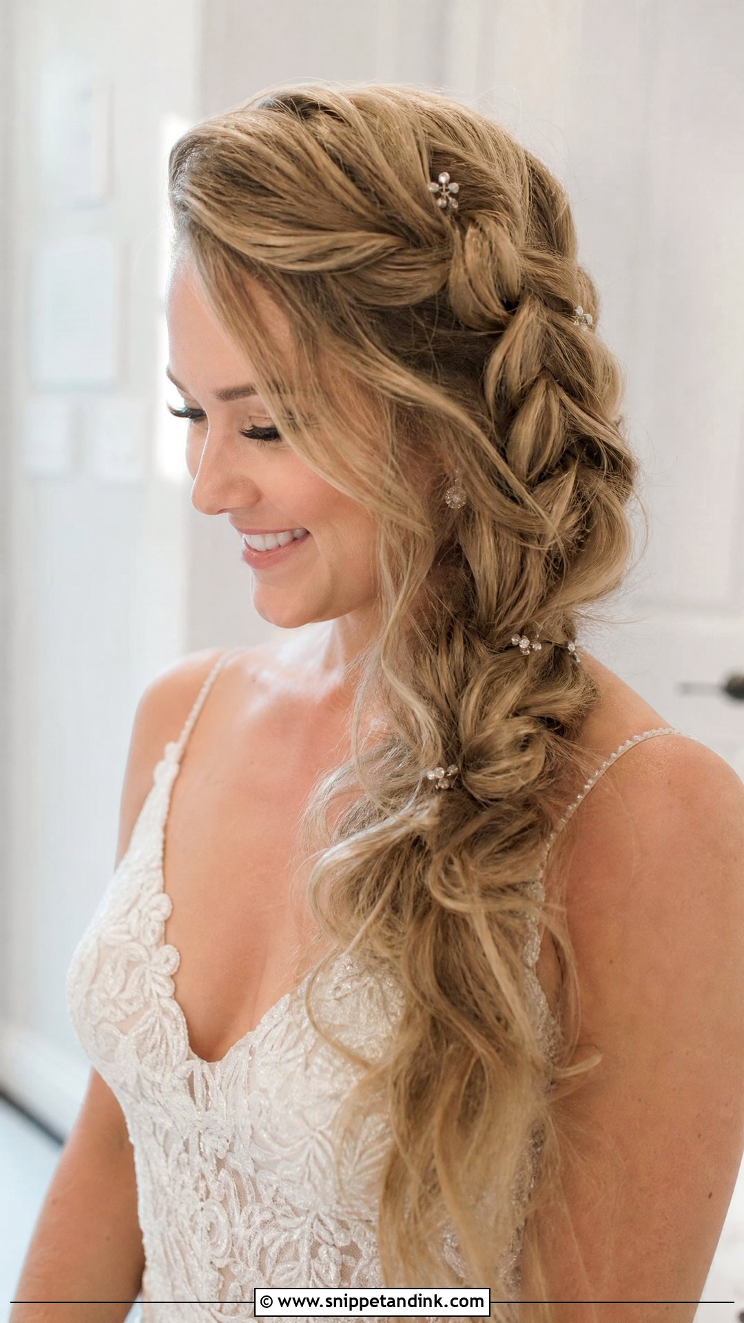 Side French Braid - Snippet and Ink - 20 Side Pinned Wedding Hair Ideas
