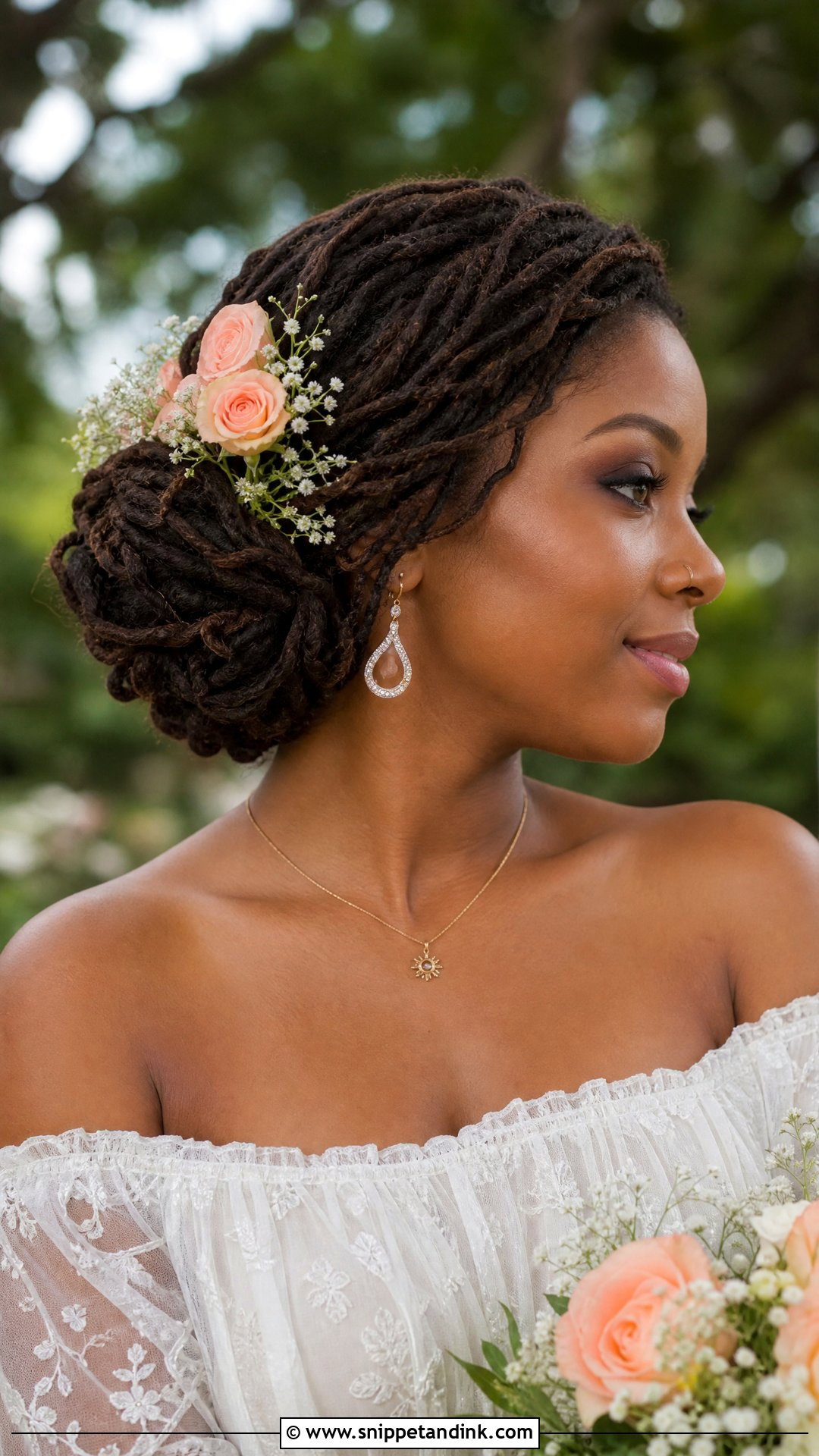 Side Loc Bun with Flowers - Snippet and Ink - 20 Loc Wedding Hairstyles
