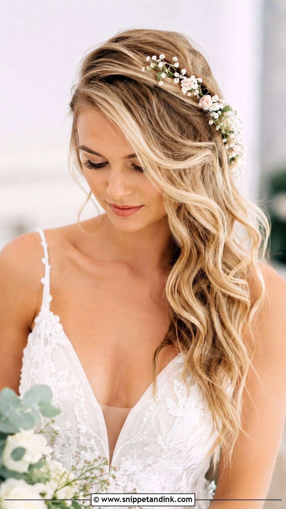 Side Part Boho Waves With Flowers - Snippet and Ink - 20 Side Part Wedding Hairstyles