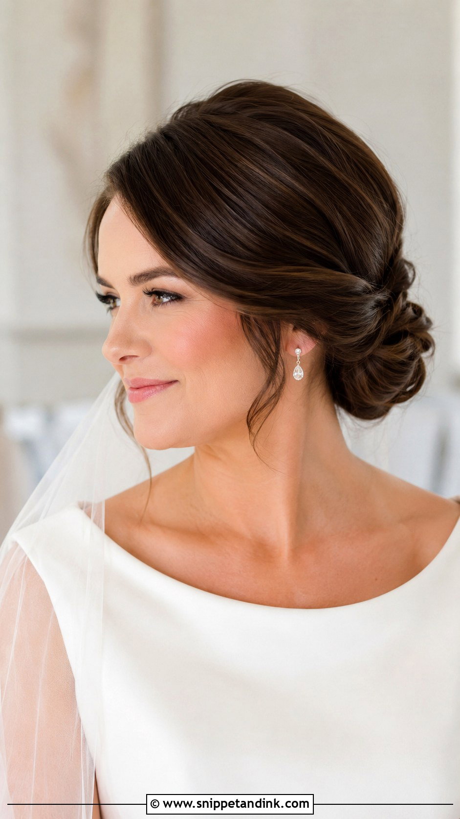 Side Part Brunette Low Bun Wedding Hair - Snippet and Ink - 15 Low Bun Brunette Wedding Hair Ideas