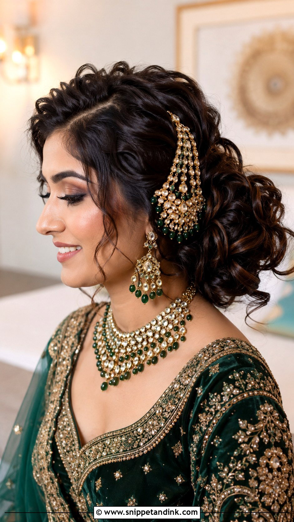 Side Part Curly Bridal Bun - Snippet and Ink - 20 Indian Curly Hair Bridal Hairstyles
