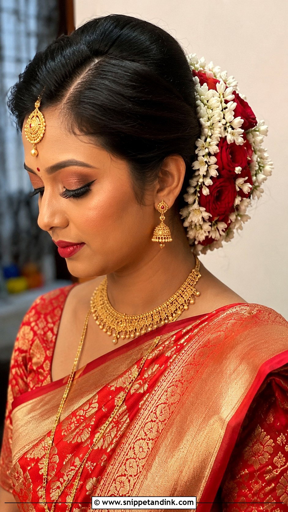 Side Part Floral Bun For Bengali Bride - Snippet and Ink - 20 Side Partition Hairstyles Indian Wedding