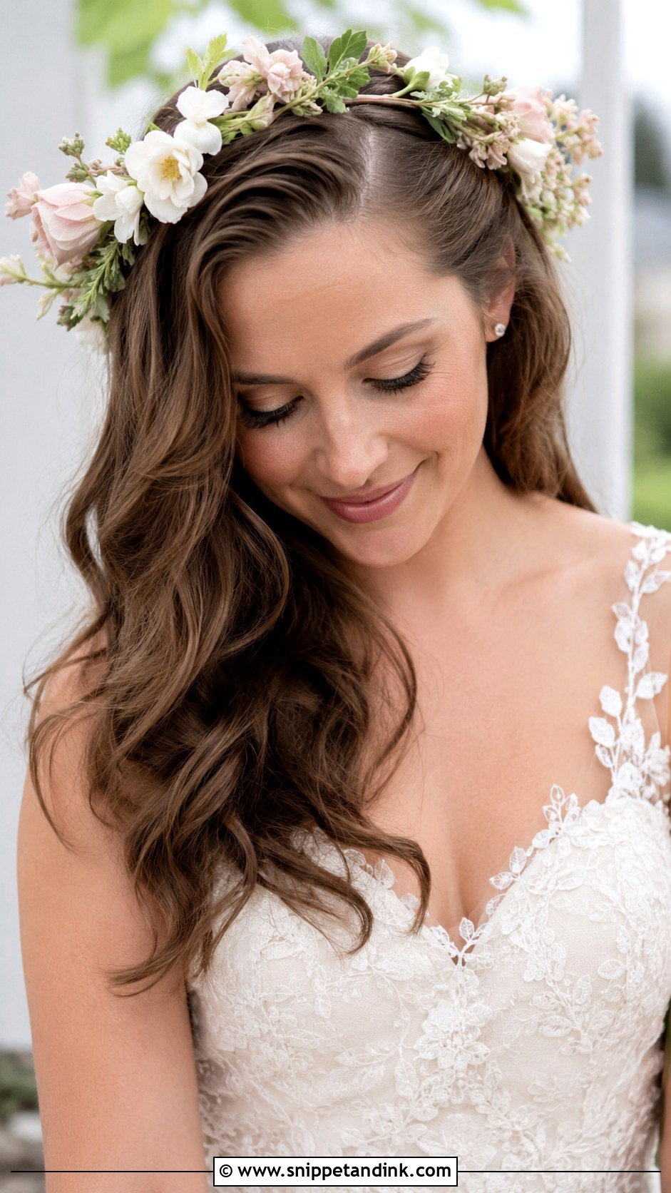 Side Part Floral Crown Wedding Hair - Snippet and Ink - 25 Side Part Wedding Hair Ideas