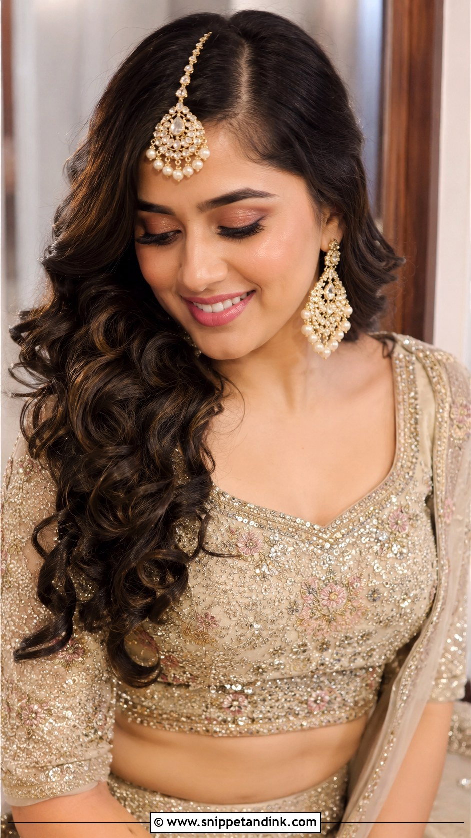 Side Part Loose Curls With Maang Tikka - Snippet and Ink - 20 Side Partition Hairstyles Indian Wedding