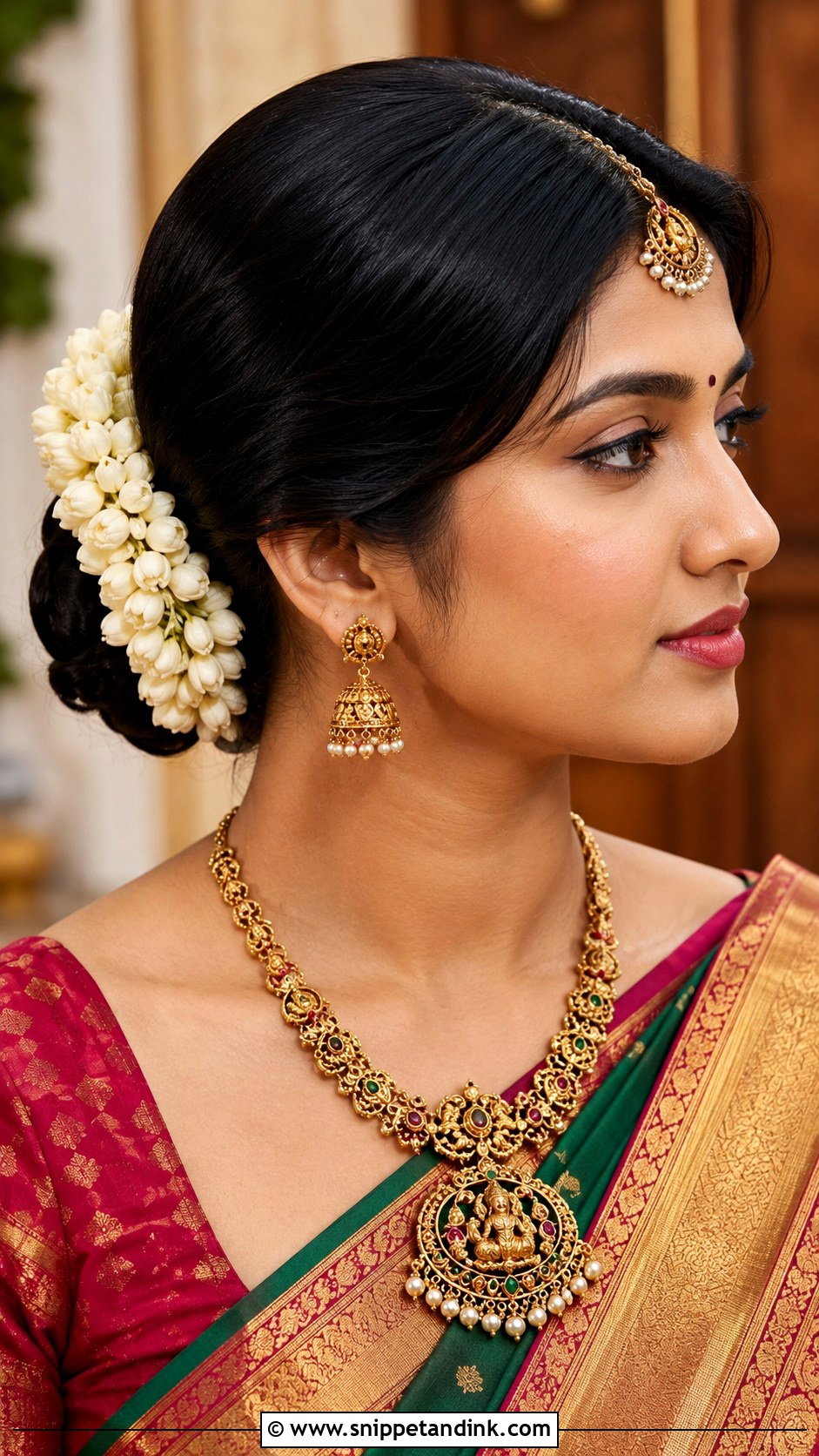 Side Part Low Bun With Gajra - Snippet and Ink - 20 Side Partition Hairstyles Indian Wedding