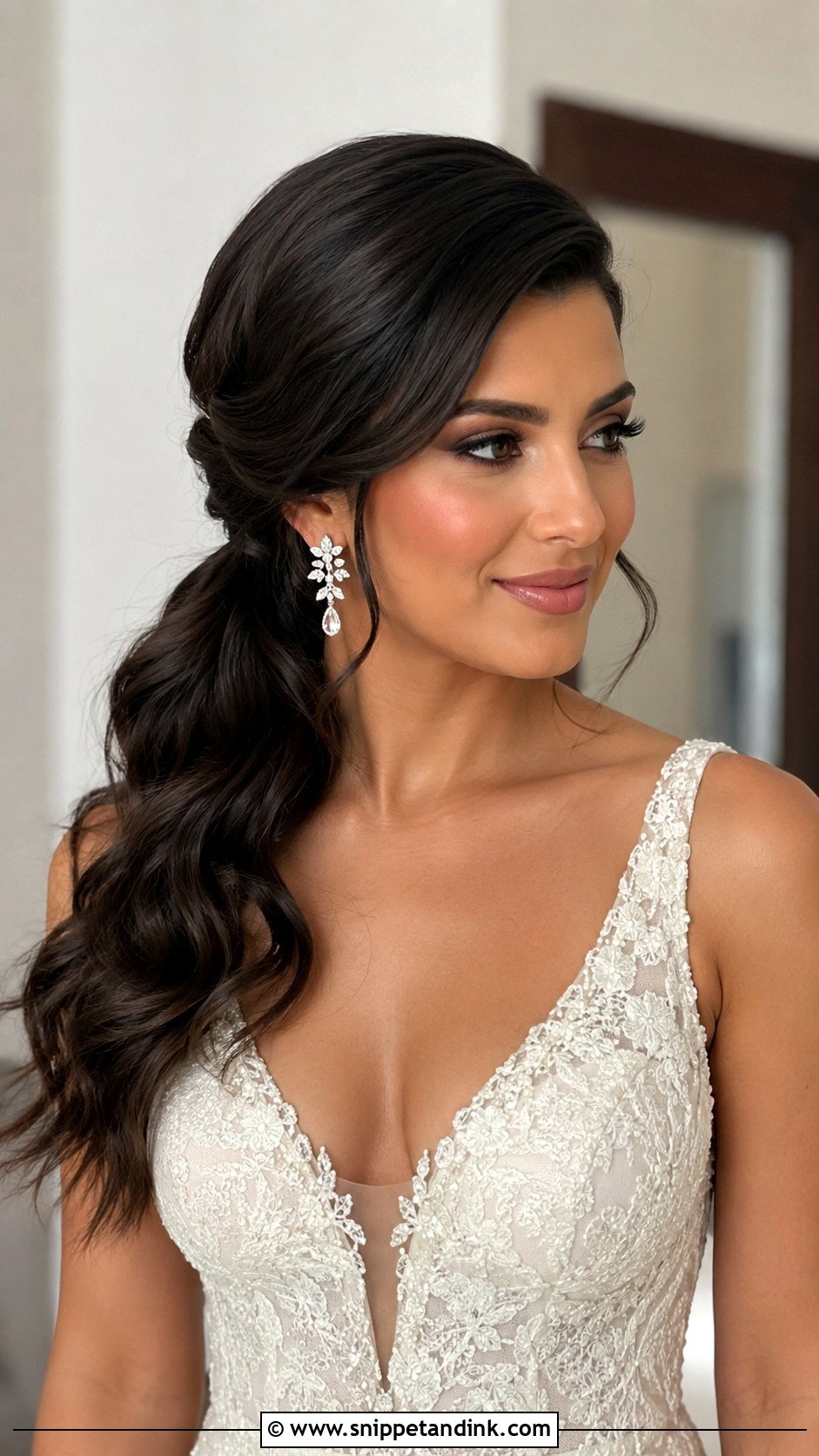 Side Part Low Pony Bridal Hair - Snippet and Ink - 20 Low Pony Bridal Hair Ideas