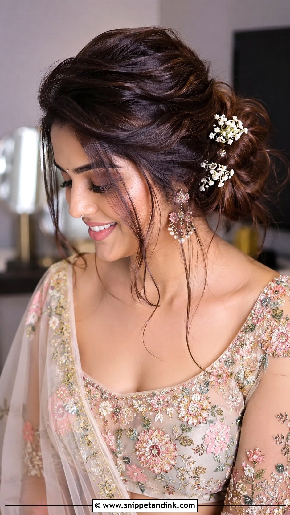 Side Part Messy Bun For Sangeet - Snippet and Ink - 20 Side Partition Hairstyles Indian Wedding