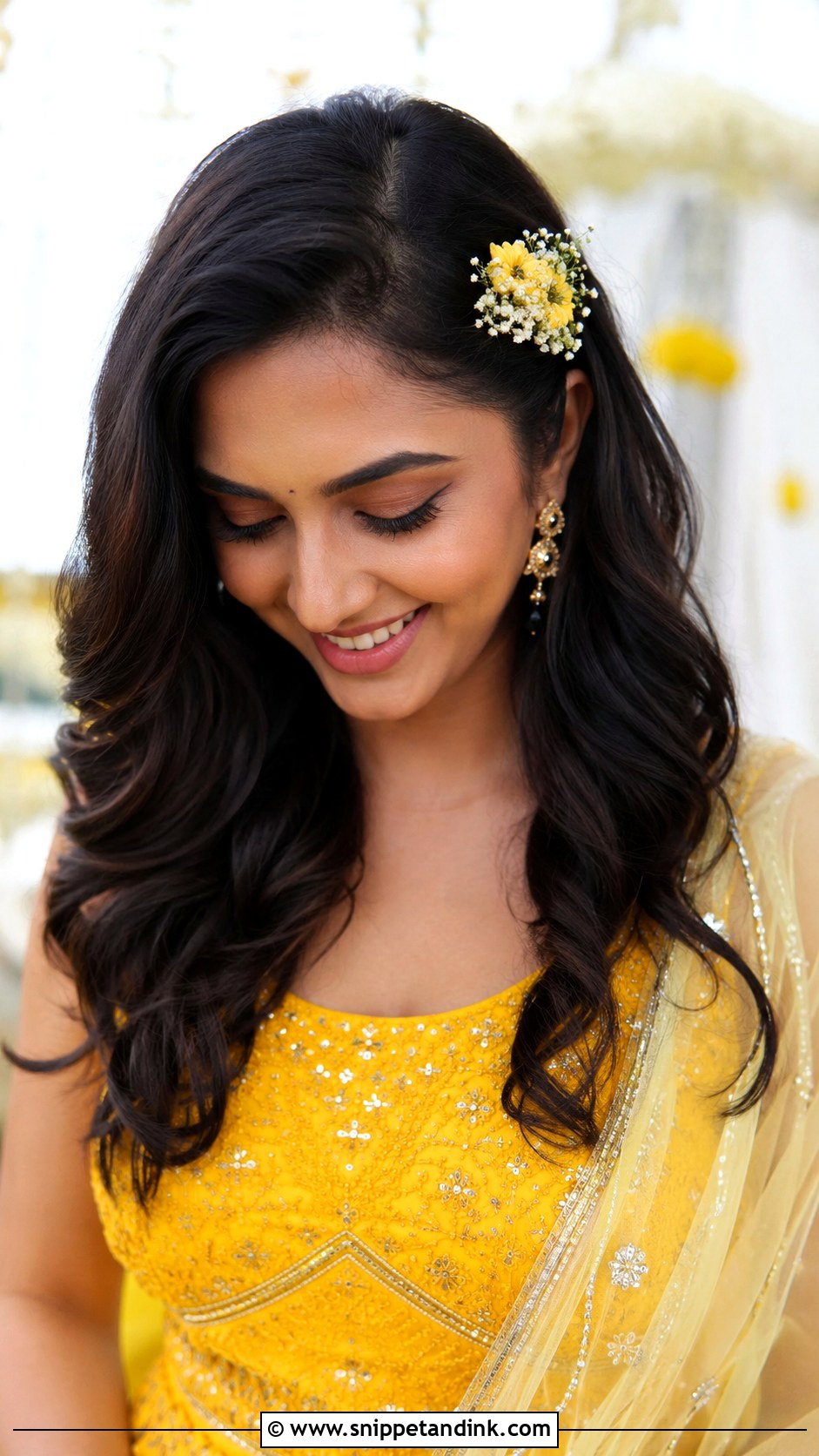 Side Part Open Waves With Flowers - Snippet and Ink - 20 Side Partition Hairstyles Indian Wedding
