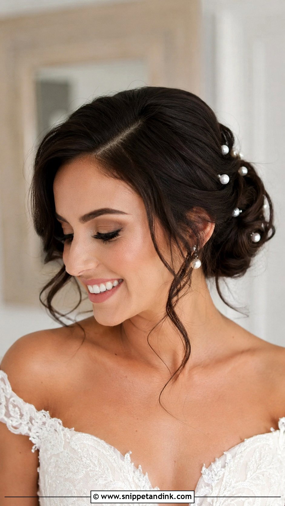 Side Part Pearl Accented Updo - Snippet and Ink - 25 Side Part Wedding Hair Ideas