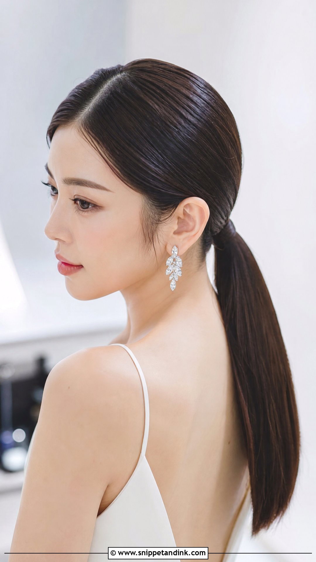 Side Part Sleek Low Ponytail - Snippet and Ink - 20 Side Part Bridal Hair Ideas