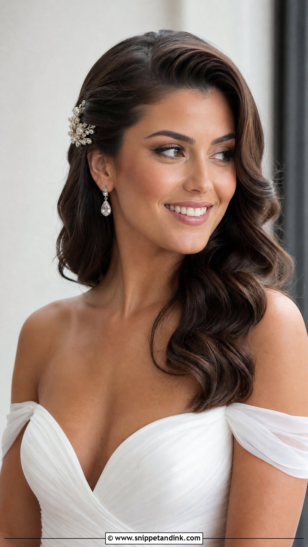 Side Part Wedding Hairstyle For Off Shoulder Dress - Snippet and Ink - 20 Wedding Hairstyles for Long Hair Off Shoulder Dress
