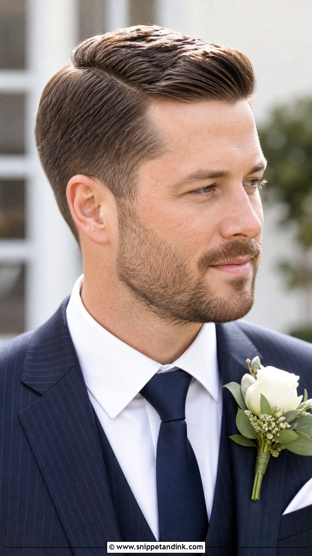 Side Part With Short Beard - Snippet and Ink - 20 Groom Hairstyle Men Wedding with Beard Ideas