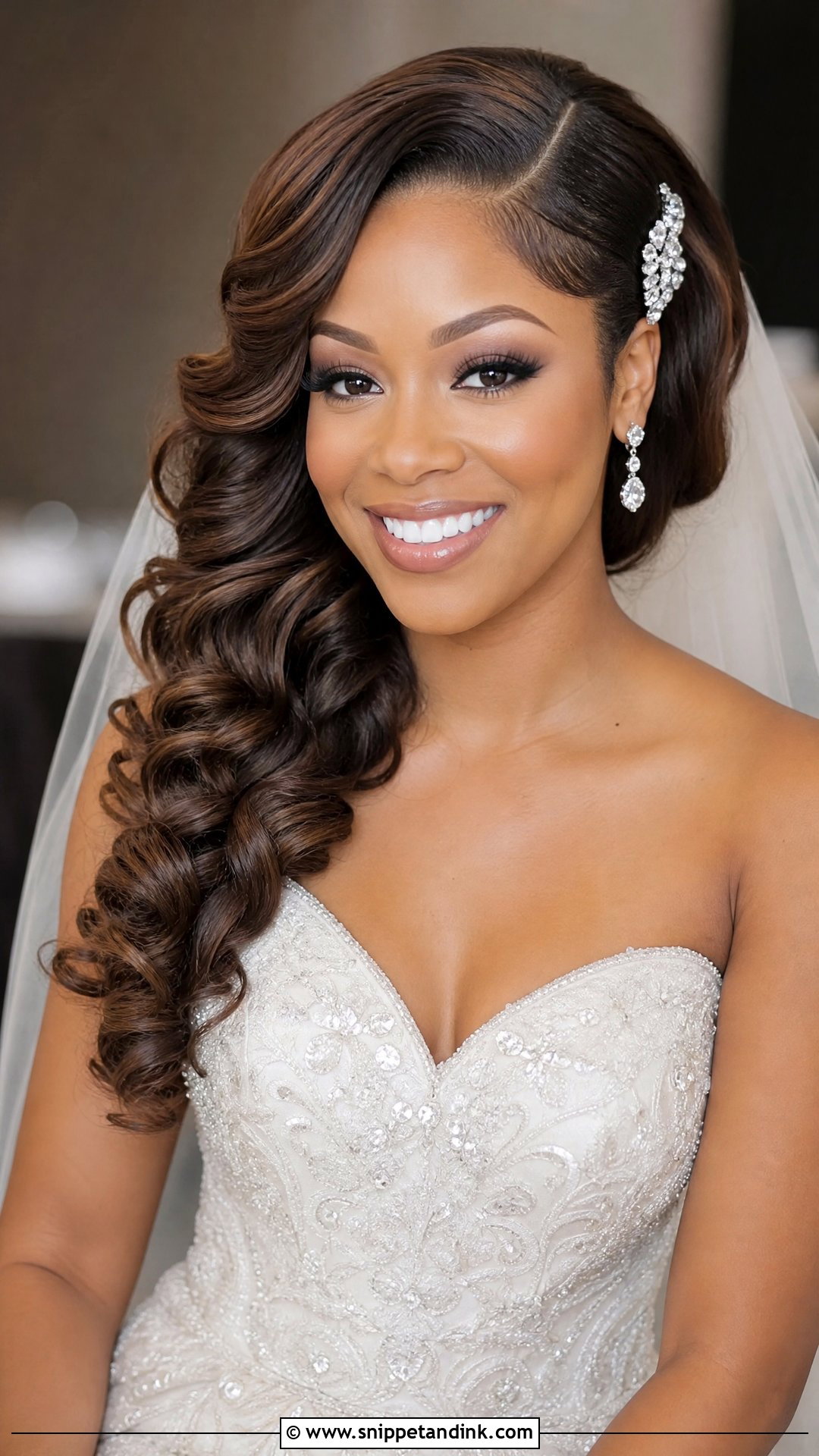 Side Parted Curls With Deep Wave - Snippet and Ink - 30 Natural Hair Bride Ideas