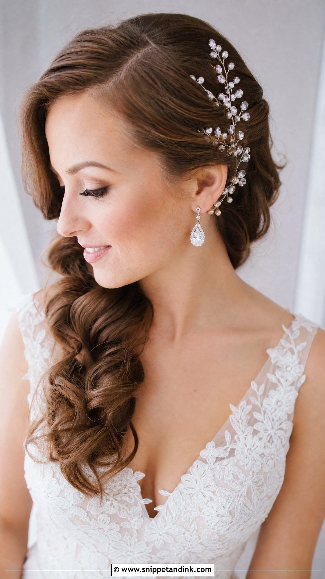 Side Pinned Curls With Hair Vine - Snippet and Ink - 20 Side Pinned Wedding Hair Ideas
