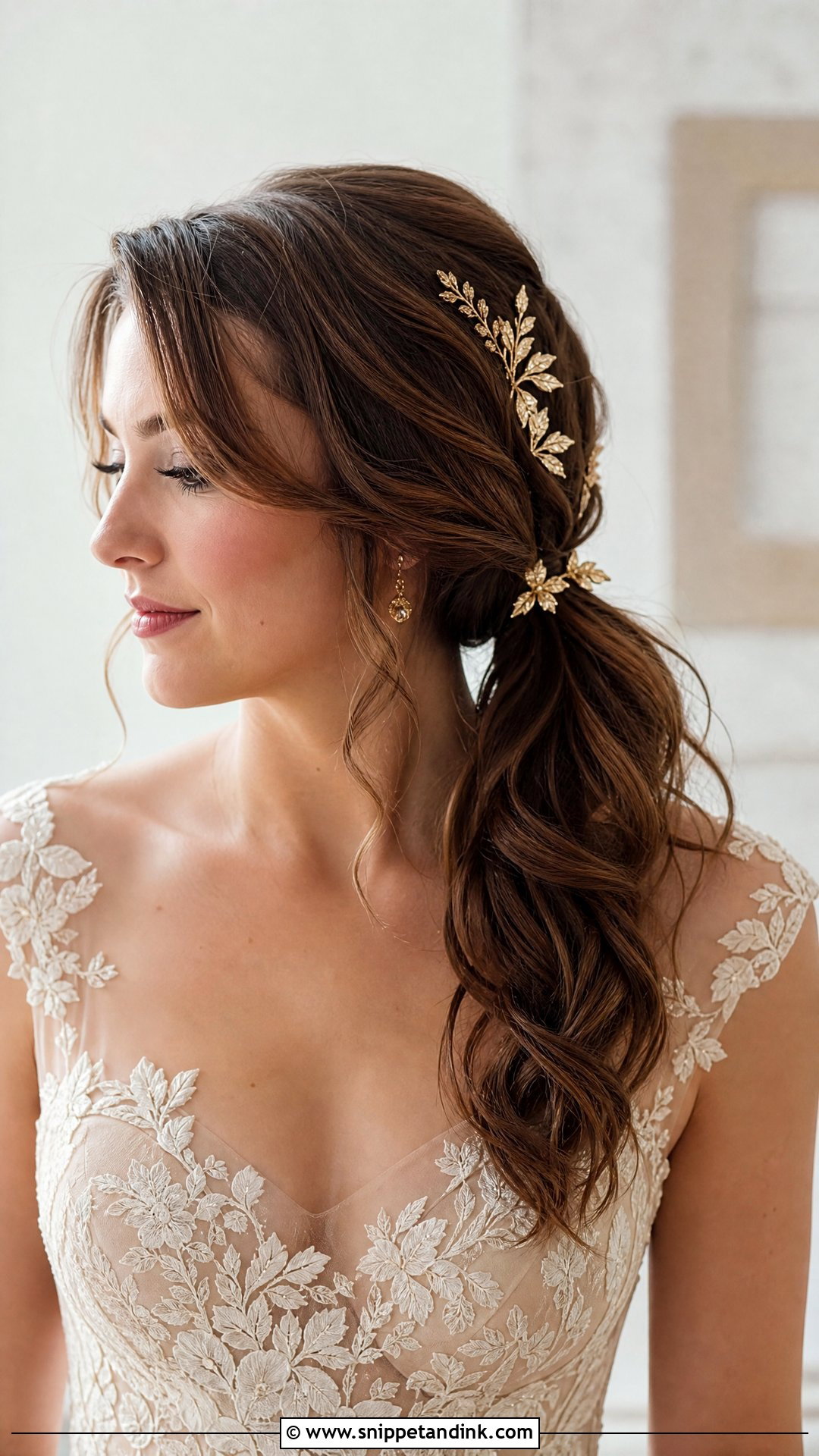 Side Ponytail With Gold Accessories - Snippet and Ink - 25 Side Ponytail Wedding Hairstyles