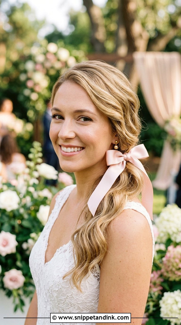 Side Ponytail With Pink Bow - Snippet and Ink - 20 Bridal Hair with Bow Ideas