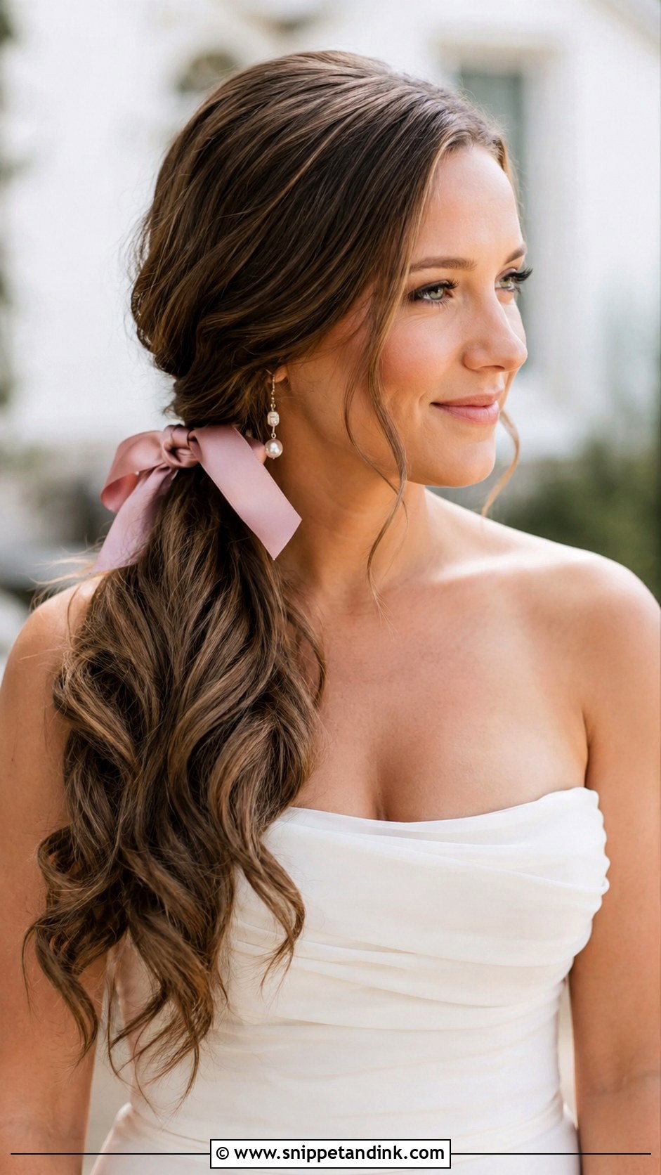 Side Ponytail With a Pink Bow - Snippet and Ink - 20 Wedding Hair with Bow Ideas