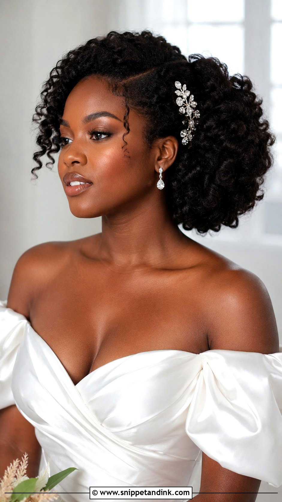 Side Puff With Off Shoulder Gown - Snippet and Ink - 20 Afro Wedding Hairstyles Brides