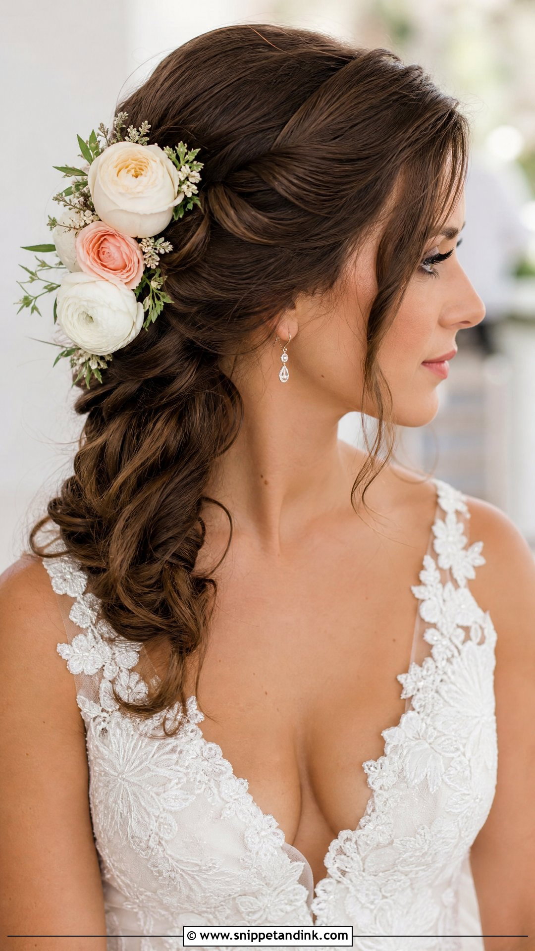 Side Pulled Back With Flowers - Snippet and Ink - 20 Bridal Hair One Side Pulled Back Ideas