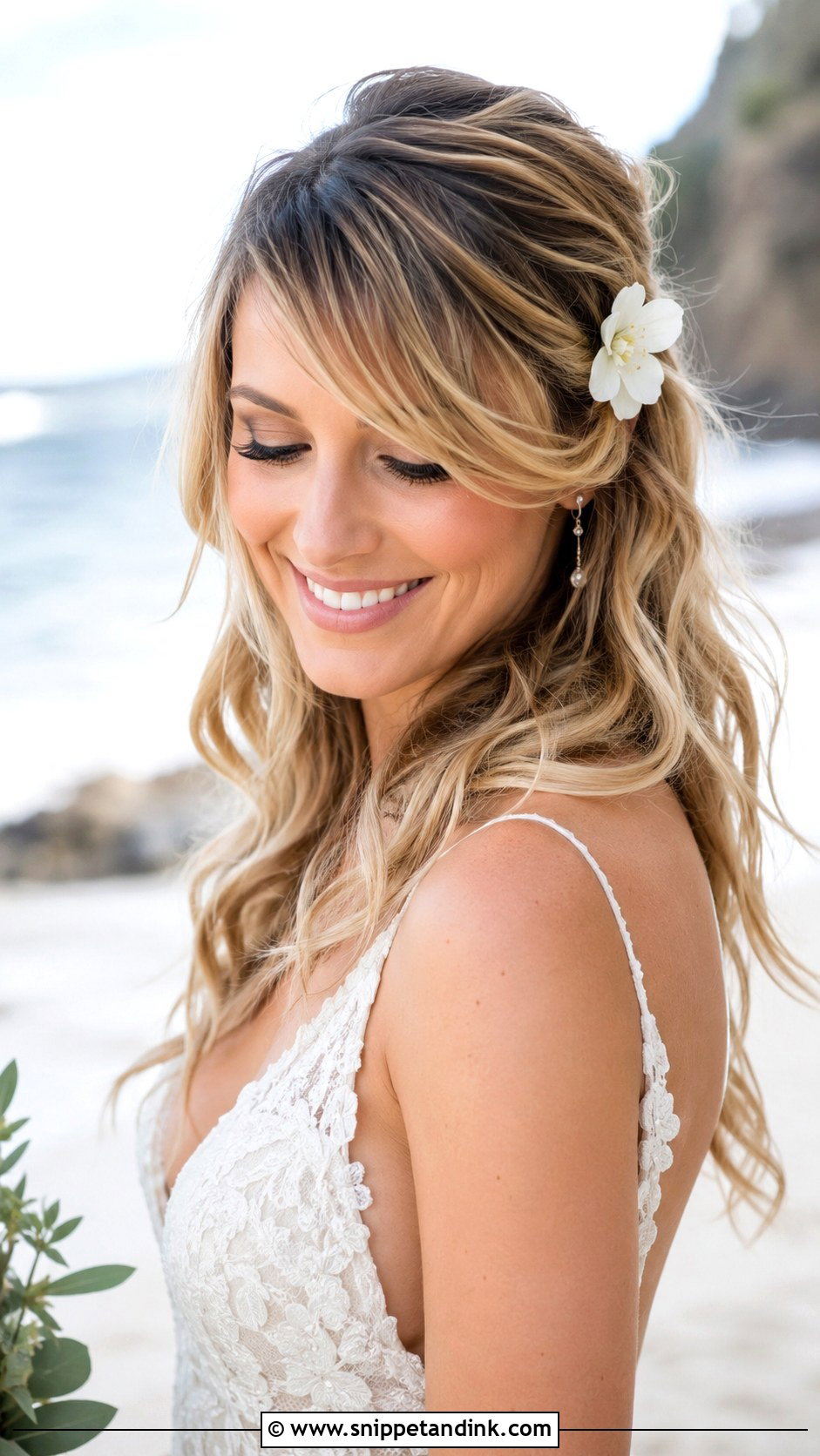 Side Swept Bangs With Beach Waves - Snippet and Ink - 30 Bridal Hair with Bangs Ideas