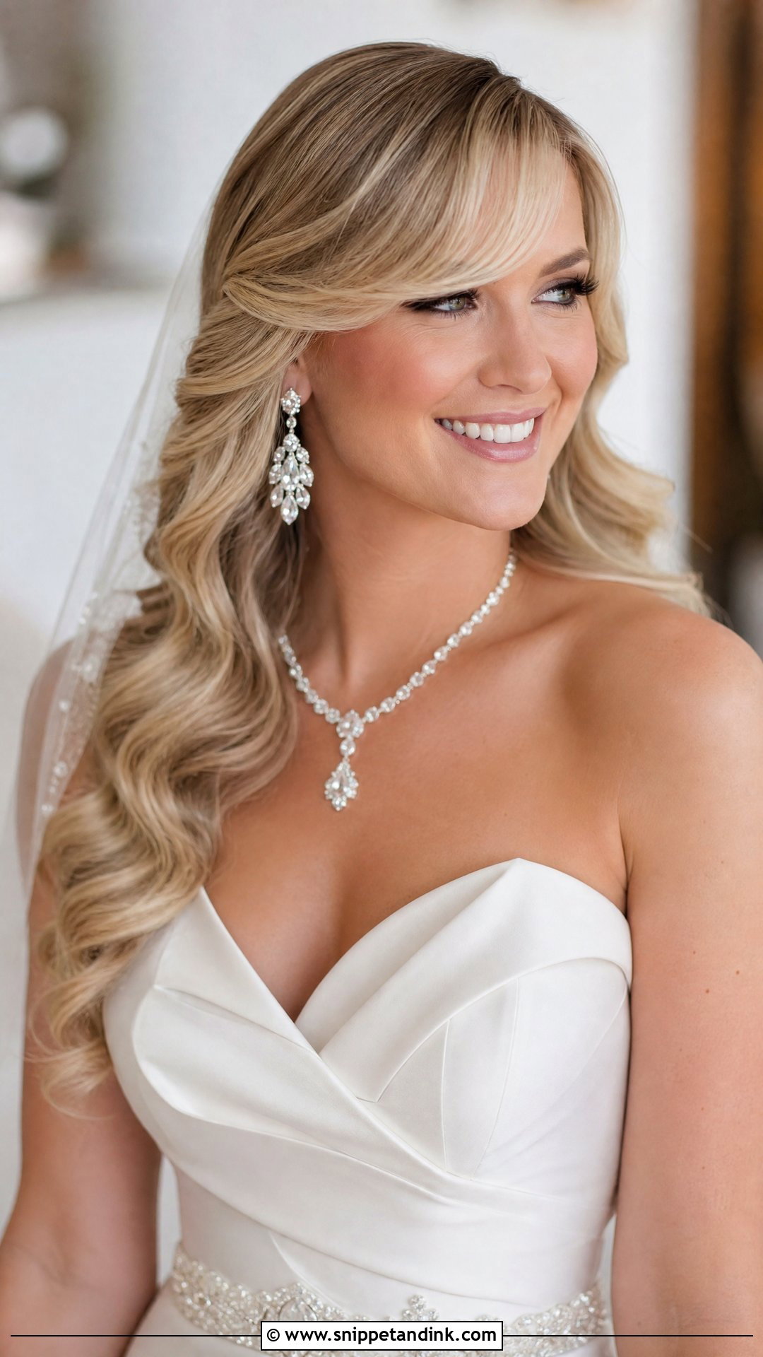 Side Swept Bangs With Glam Waves - Snippet and Ink - 30 Wedding Hair with Bangs Ideas