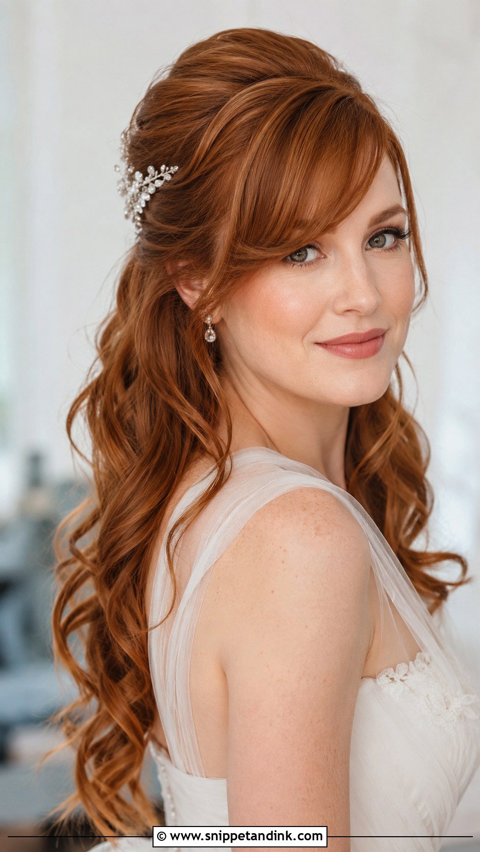 Side Swept Bangs With Half Up Half Down - Snippet and Ink - 25 Wedding Hair Bangs Ideas