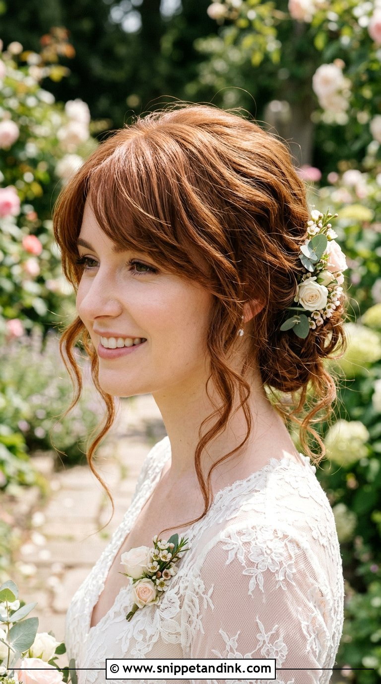 Side Swept Bangs With Loose Bun - Snippet and Ink - 20 Bridal Hair Bangs Ideas
