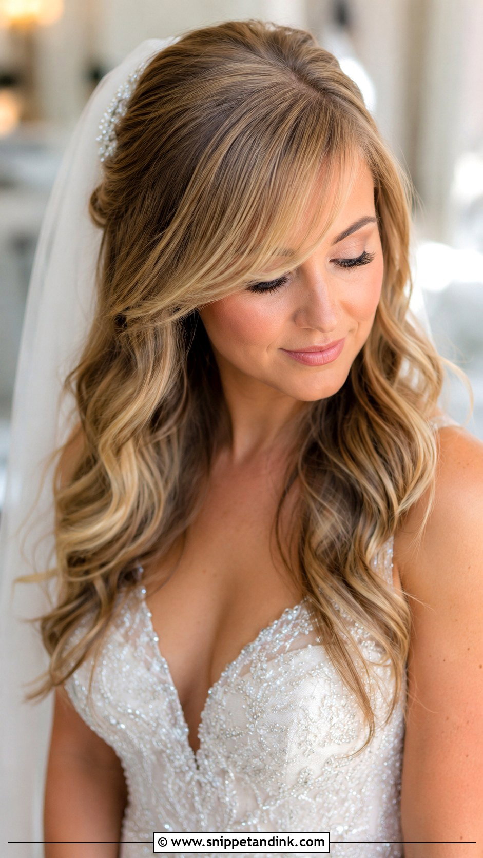 Side Swept Bangs With Loose Waves - Snippet and Ink - 30 Wedding Hair with Bangs Ideas