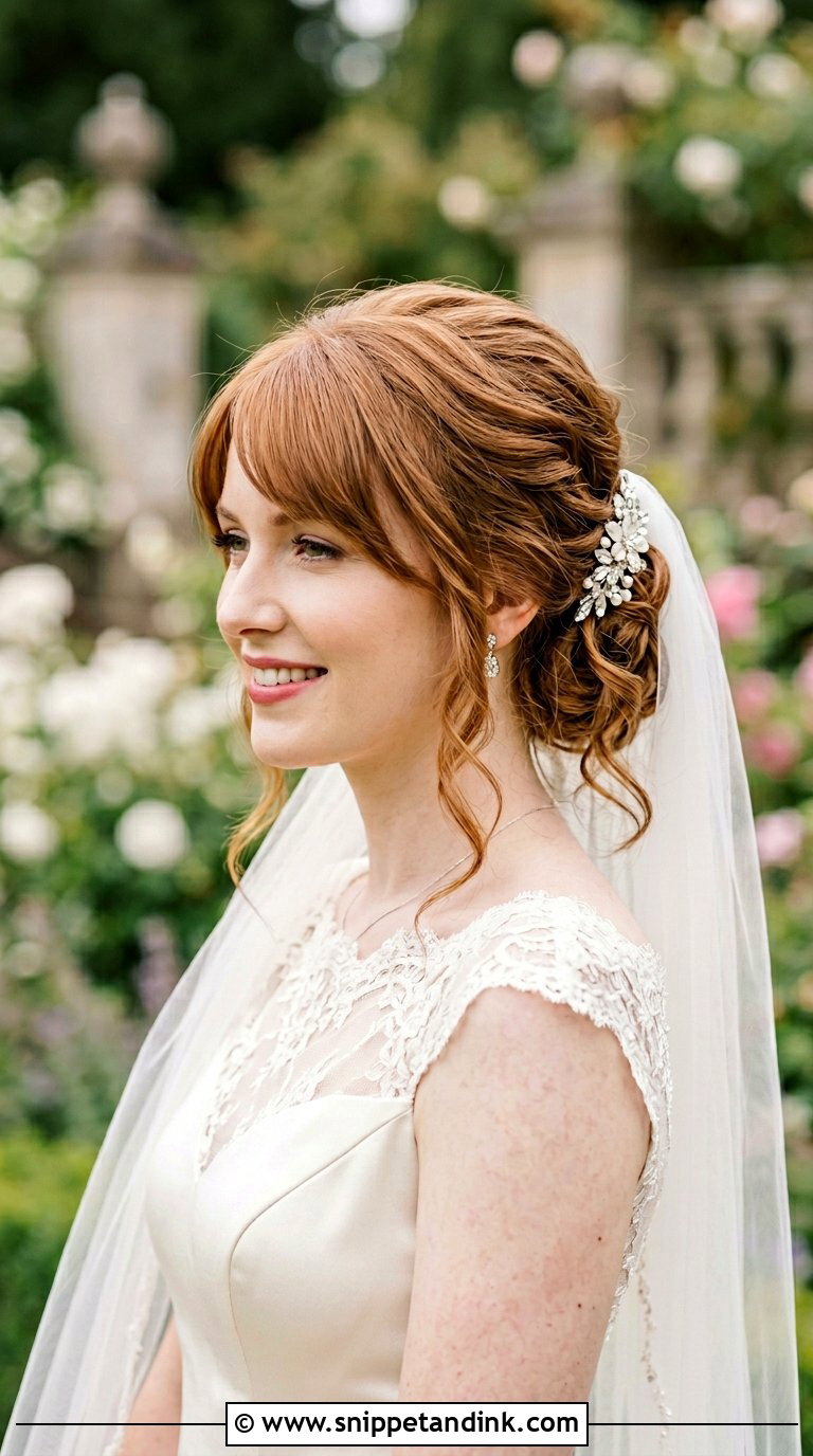 Side Swept Bangs With Romantic Updo - Snippet and Ink - 20 Bridal Hair Bangs Ideas