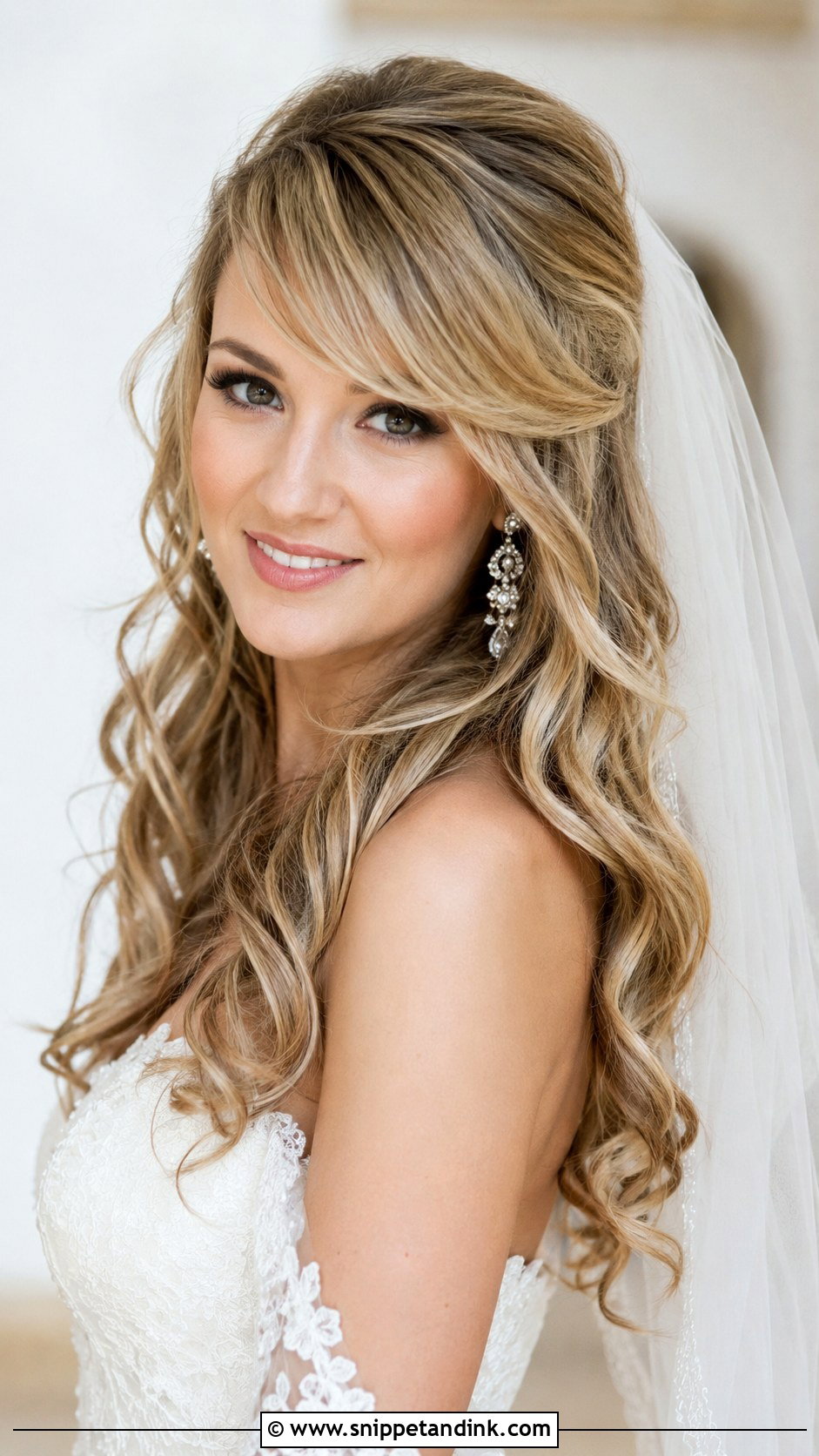 Side Swept Bangs With Soft Curls - Snippet and Ink - 25 Bride Hairstyles with Bangs