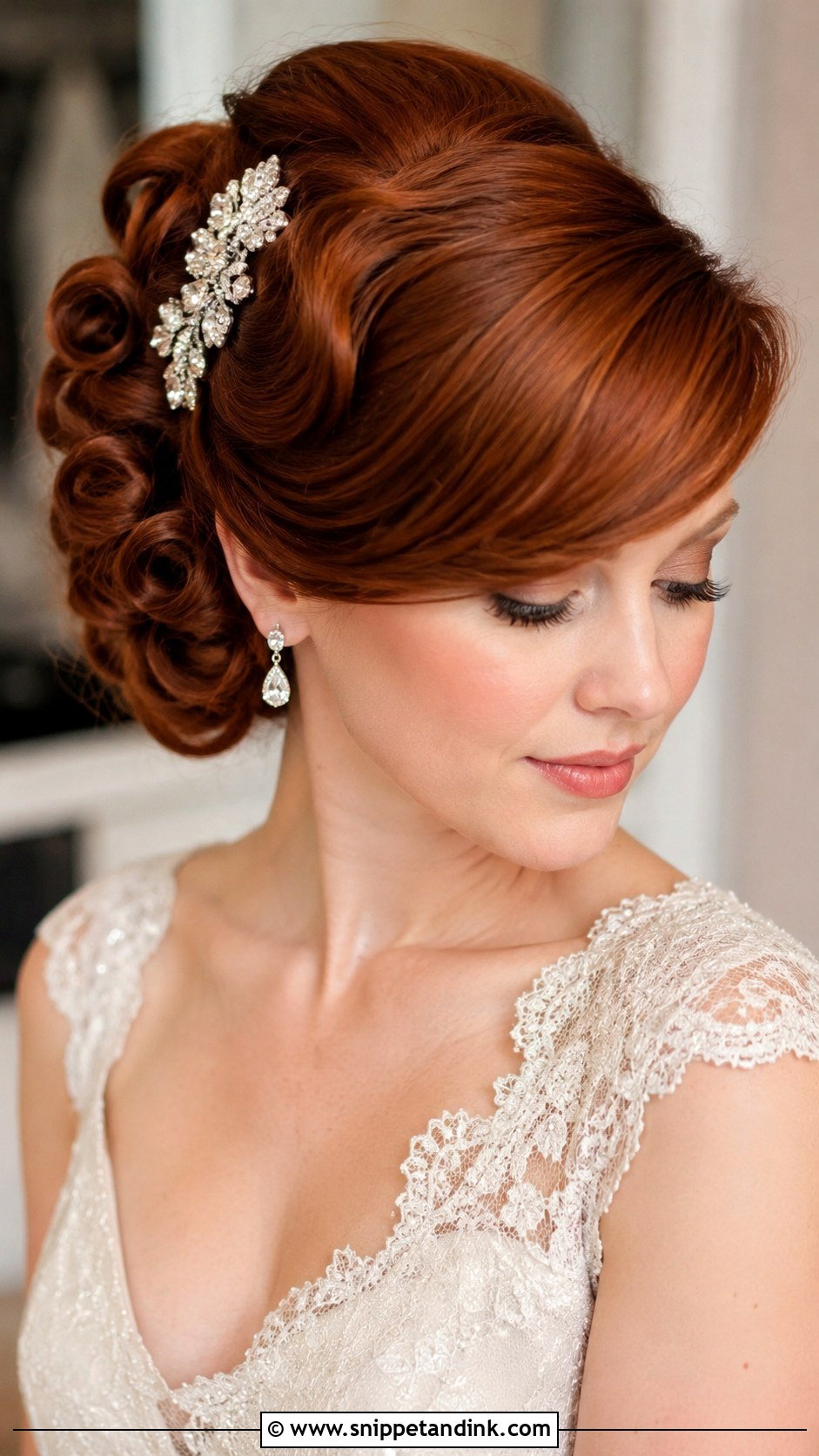 Side Swept Bangs With Vintage Updo - Snippet and Ink - 30 Bridal Hair with Bangs Ideas