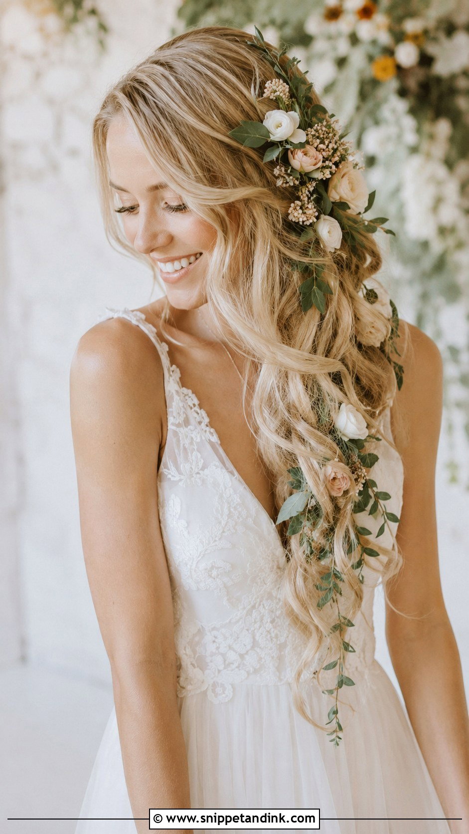 Side Swept Boho Waves With Flowers - Snippet and Ink - 25 Side Sweep Wedding Hair Ideas