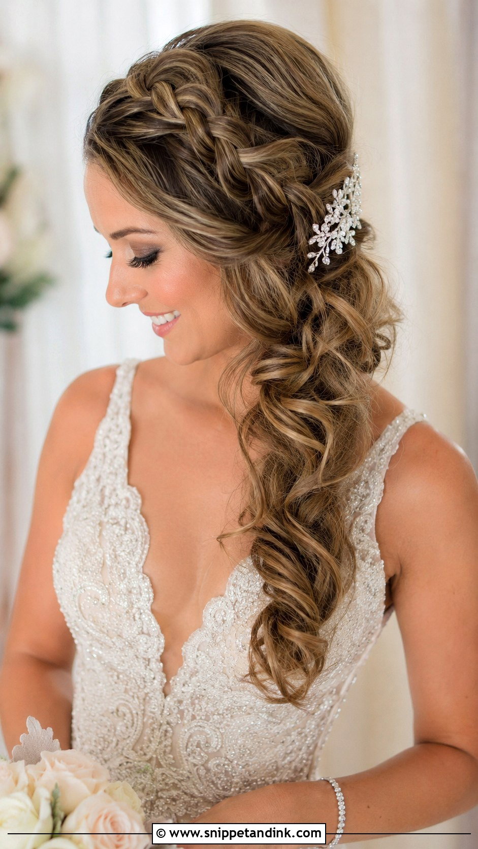 Side Swept Braid With Curls - Snippet and Ink - 25 Wedding Hair Braid Ideas
