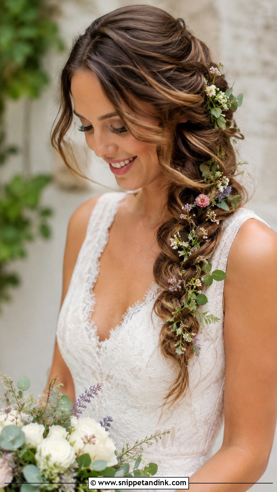 Side Swept Braid With Floral Accents - Snippet and Ink - 25 Bridal Braided Hairstyles