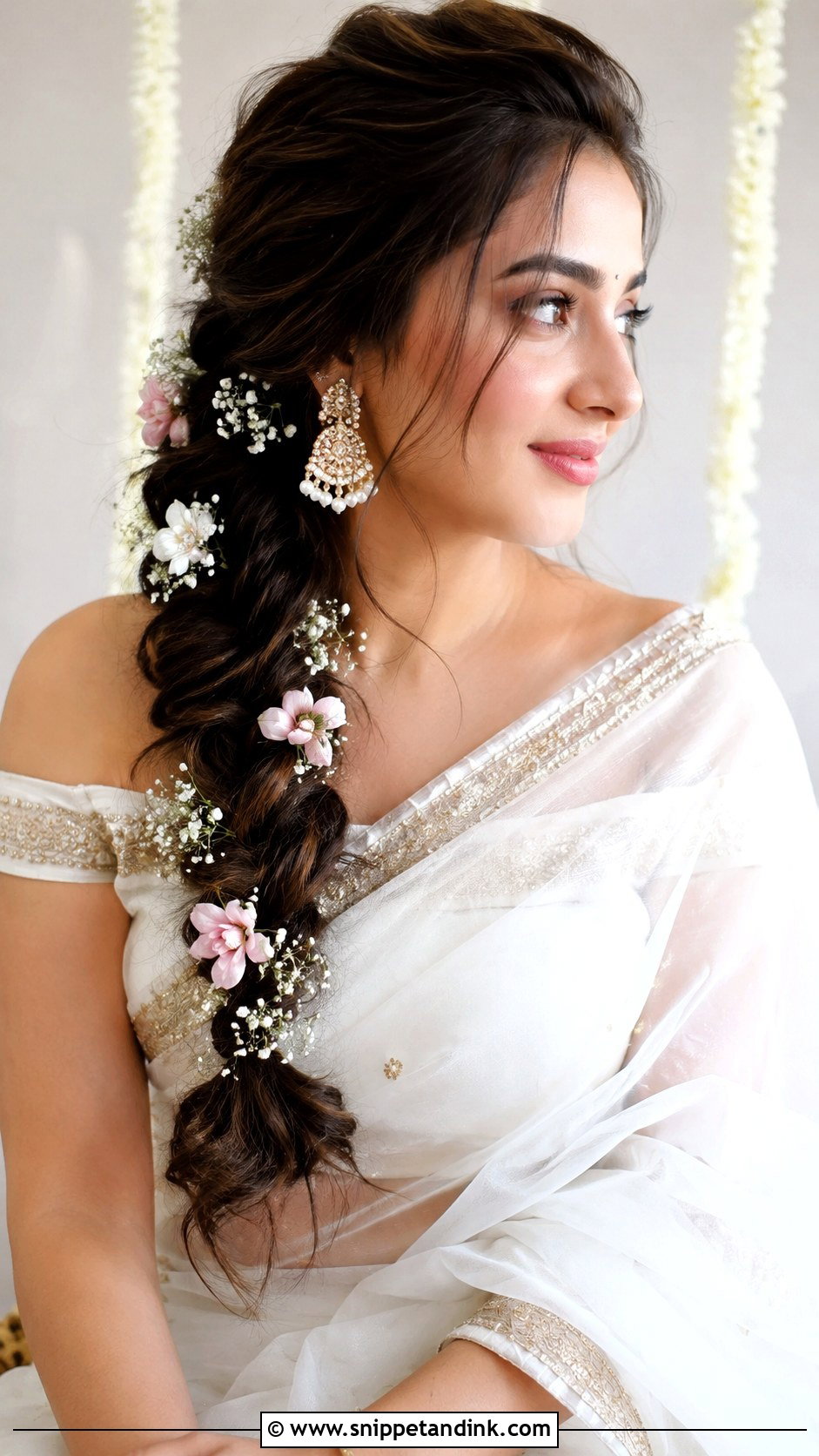 Side Swept Braid With Flowers - Snippet and Ink - 20 Indian Braided Wedding Hairstyles