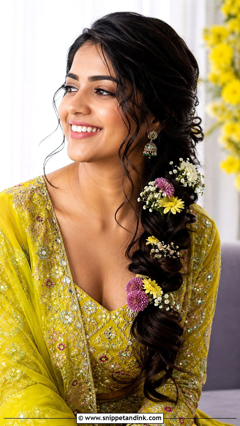 Side Swept Braid With Flowers - Snippet and Ink - 20 Indian Hair Styles for Weddings