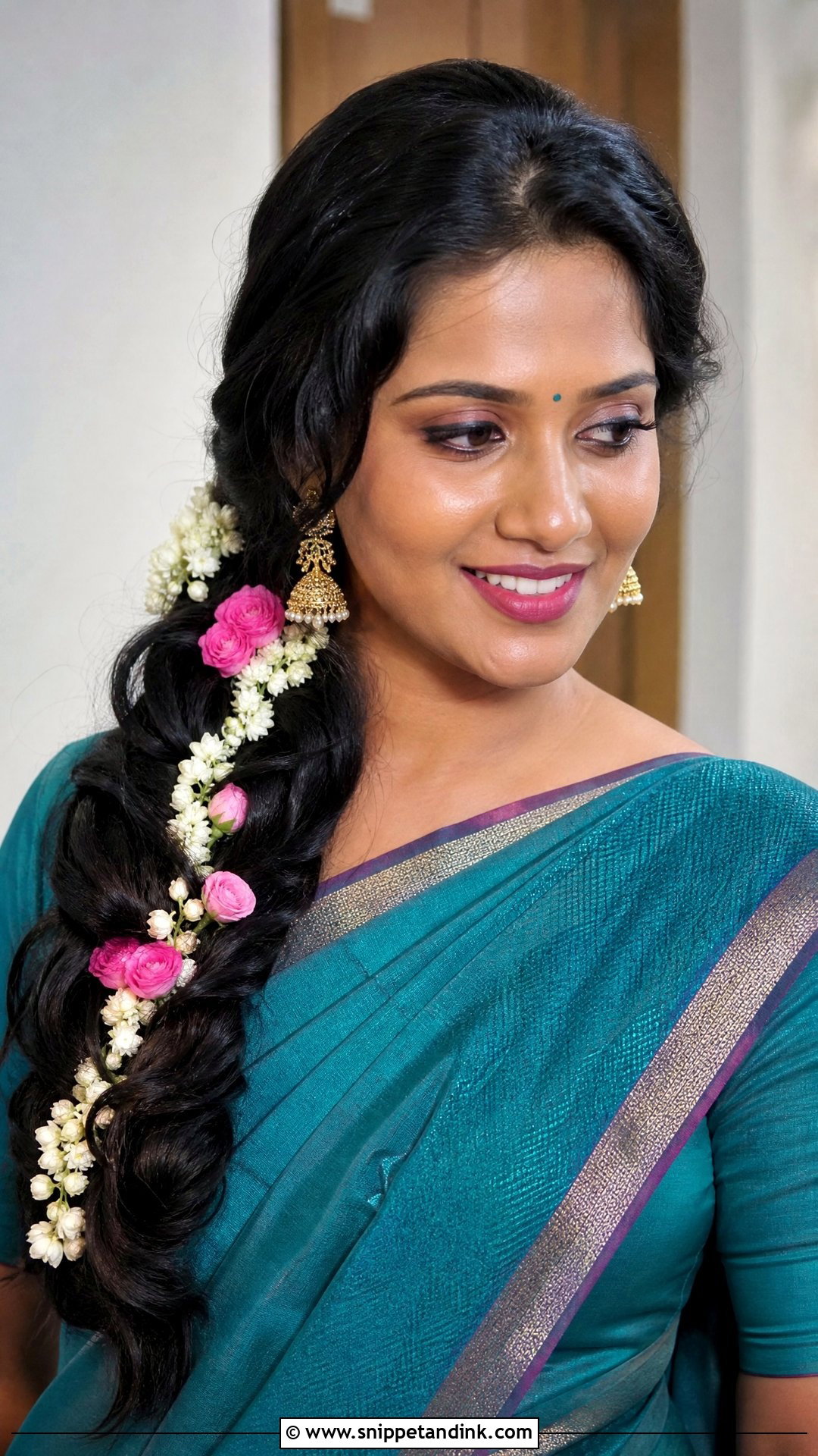 Side Swept Braid With Flowers - Snippet and Ink - 20 Tamil Bridal Hairstyles