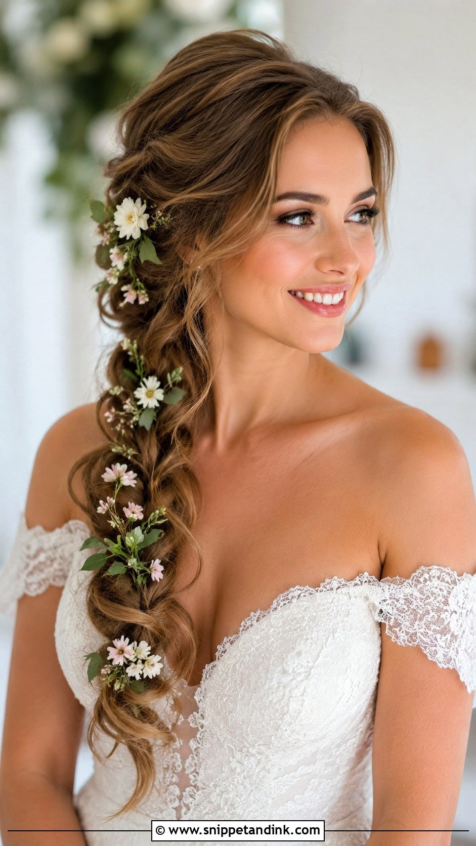 Side Swept Braid With Flowers - Snippet and Ink - 25 Braided Wedding Hair Ideas