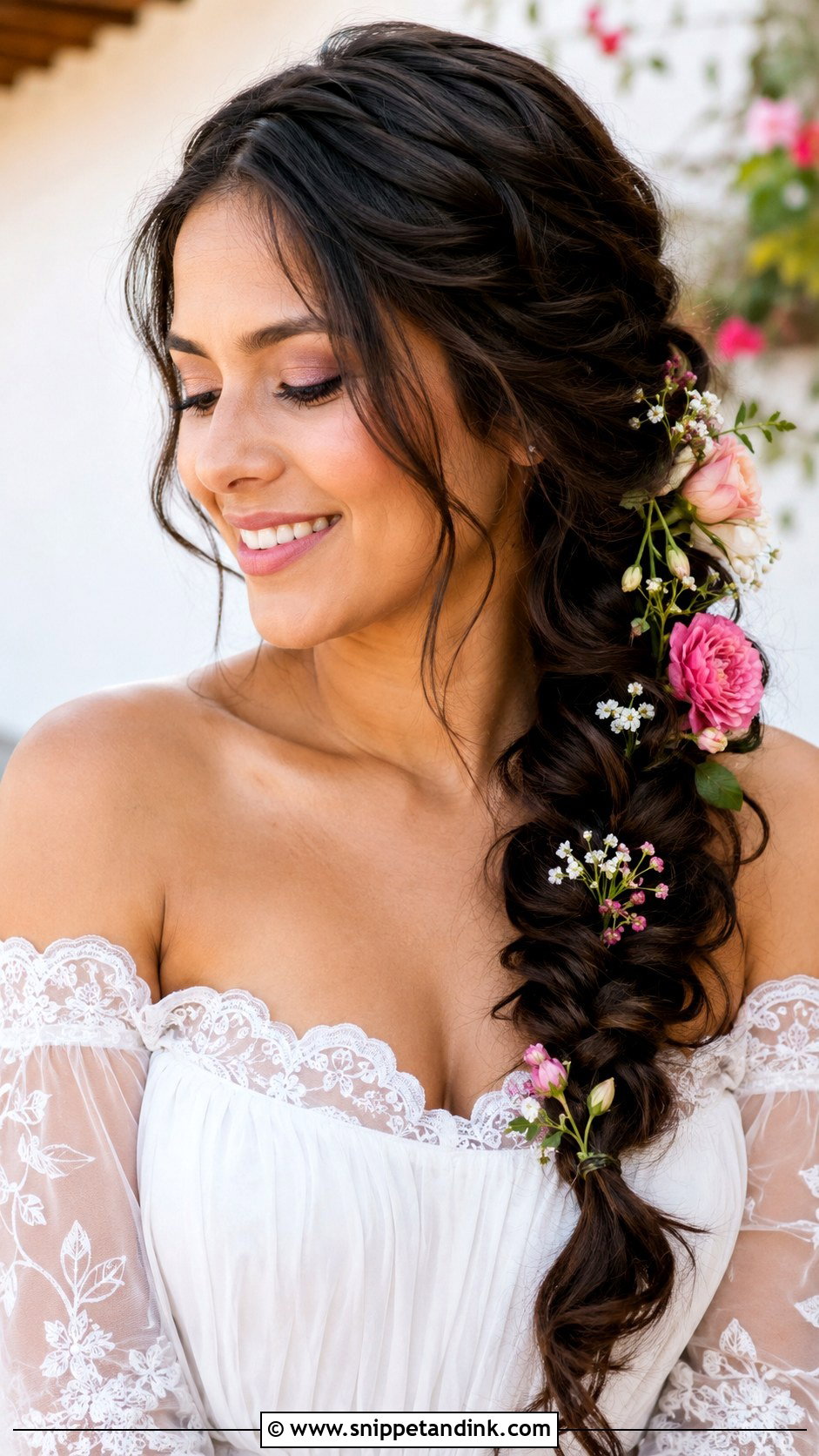Side Swept Braid With Flowers - Snippet and Ink - 25 Bridal Hair Braid Ideas