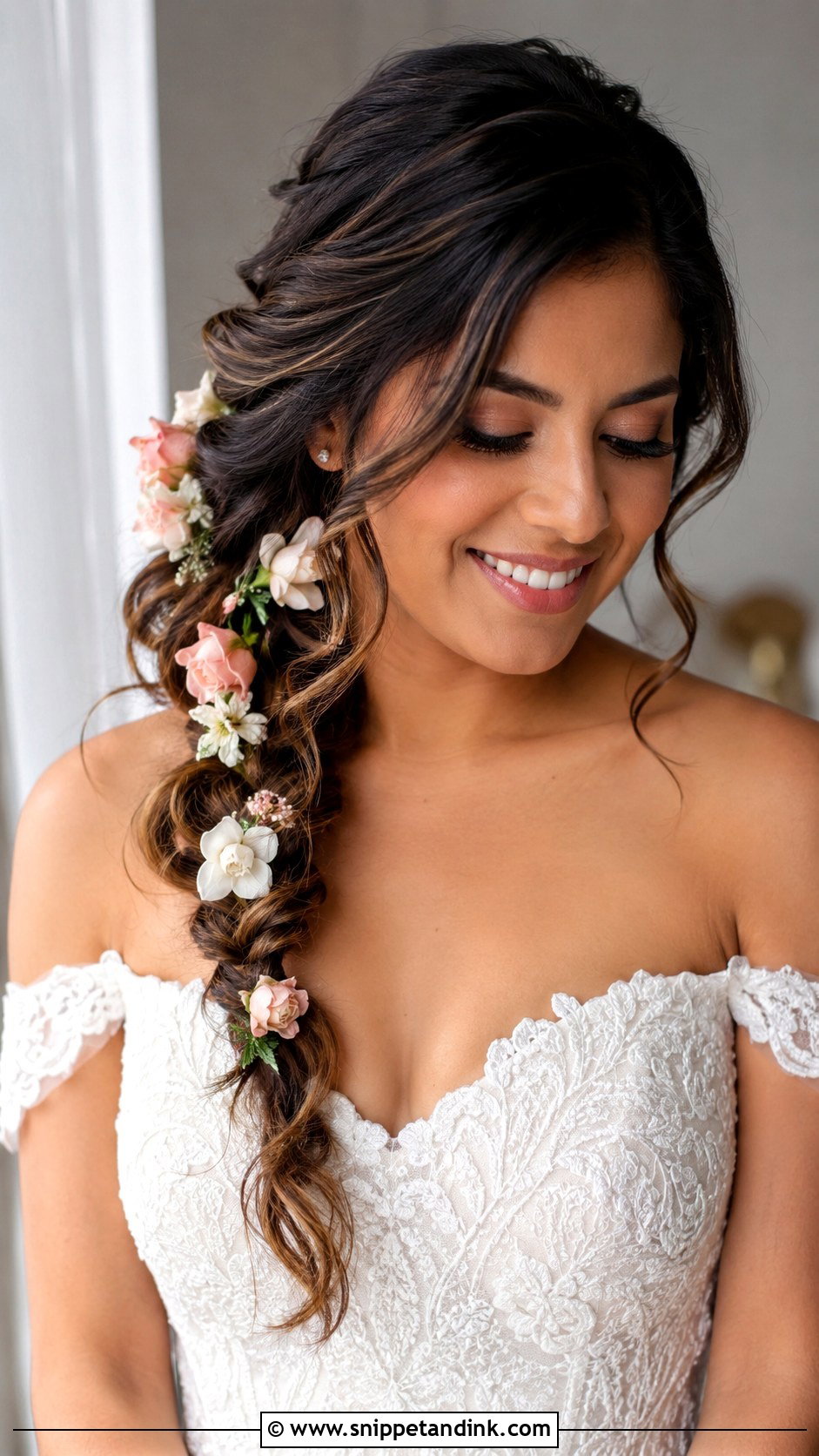 Side Swept Braid With Flowers - Snippet and Ink - 25 Bridal Hairstyles with Braids